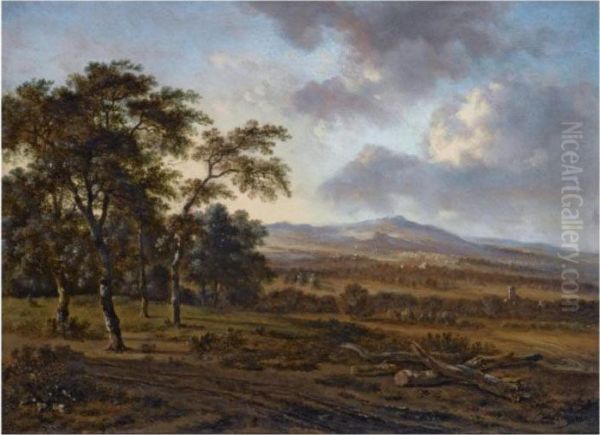 A Hilly Landscape With A Group Of Trees To The Left, A Church Tower In The Distance - view 1