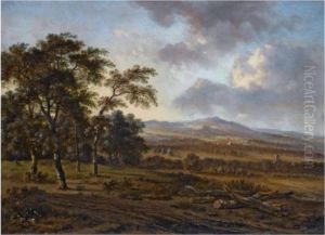 A Hilly Landscape With A Group Of Trees To The Left, A Church Tower In The Distance