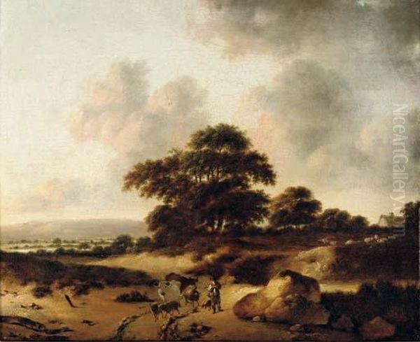A Wooded Dune Landscape With A Peasant And His Cattle - view 1