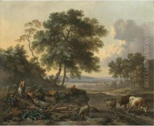 A Landscape With A Drover Resting His Cattle And Sheep, A Lakeside Town Beyond by Jan Wijnants
