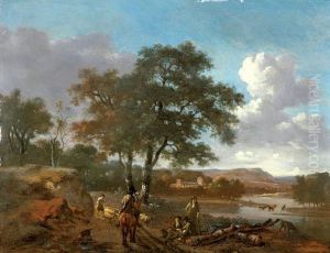 Pejzaz Z Rzeka, Grupa Mysliwych I Pasterzem Owiec by Jan Wijnants