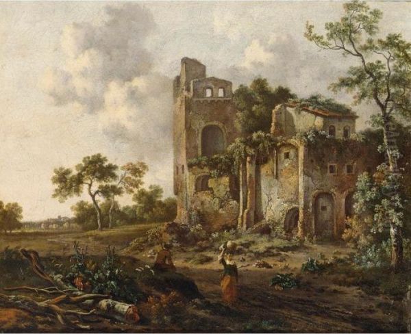 A Castle Ruin Near A Meadow With Travellers To The Foreground - view 1