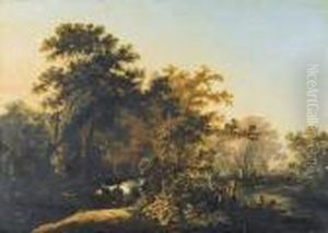 Landschap Met Twee Koeien Nabij Waterplas by Jan Wijnants