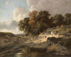 A Dune Landscape With A Man And Two Dogs On A Country Road by Jan Wijnants
