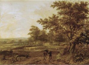 A Wooded Landscape With A Traveller And His Horse On A Path, A Farmhouse Beyond by Jan Wijnants