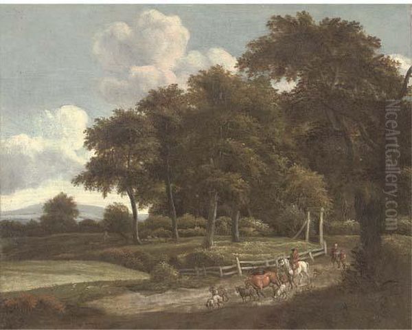 A Wooded Landscape With A Drover And Cattle - view 1