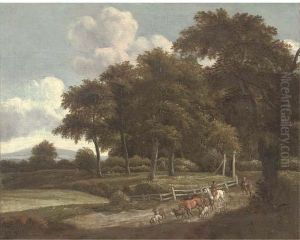 A Wooded Landscape With A Drover And Cattle by Jan Wijnants