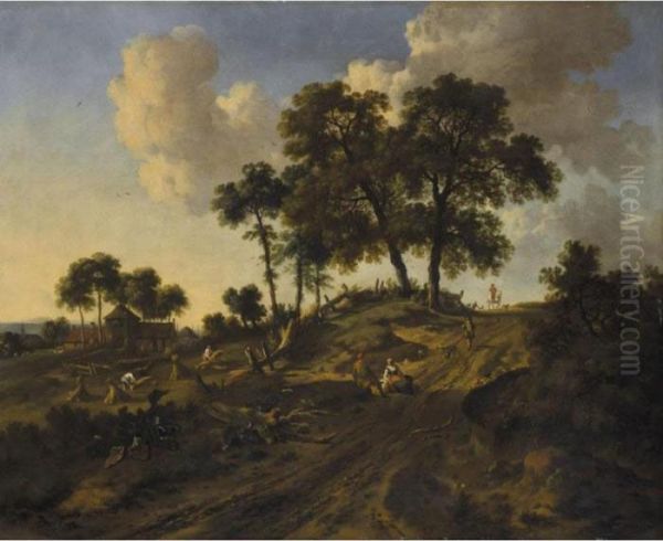 Dune Landscape With Men Making
Hay And Sportsmen And Peasants On A Sandy Road
In The Foreground by Jan Wijnants