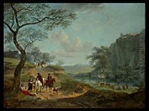 Tiefe Landschaft Mit Reitern Und Tanzenden Bauern Amflussufer