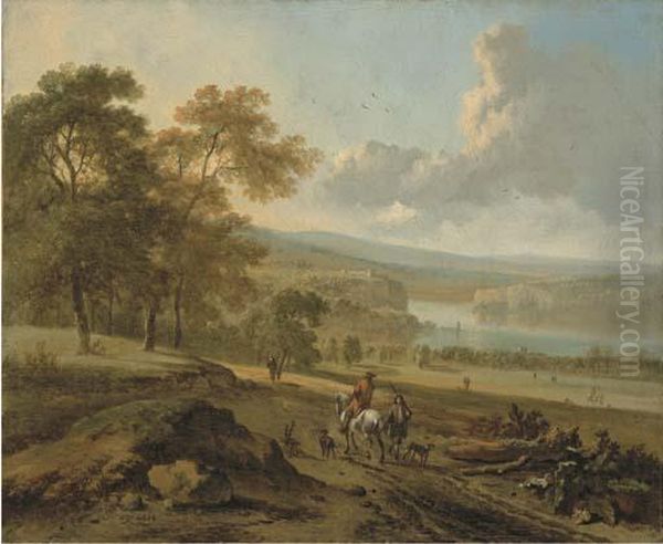 Promeneurs Sur Un Chemin, Un Fleuve A L'arriere-plan - view 1