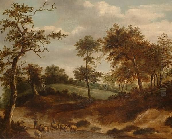 A Wooded Landscape With A Shepherd And His Flock Fording A Stream. - view 1