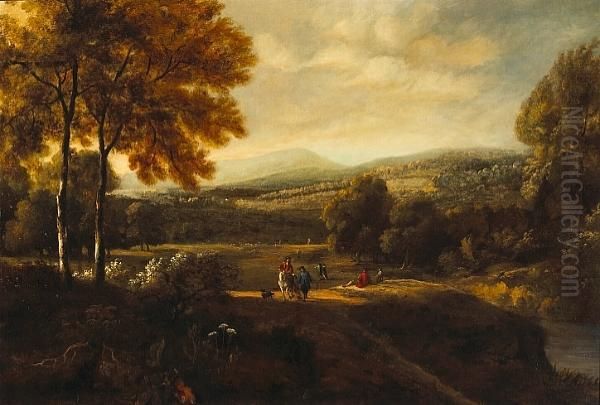 A Pastoral Landscape With A Rider On Horseback And Figures Strolling - view 1