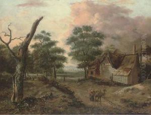 A Wooded Landscape With Travellers On A Track By A Cottage by Jan Wijnants