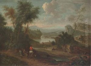 A Wooded River Landscape With A 
Figure On Horseback Conversing With Two Travellers Resting On A Track