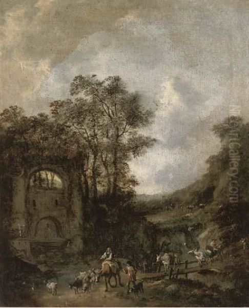 A River Landscape With Shepherds And Their Flock Crossing A Bridgeto A Fountain - view 1