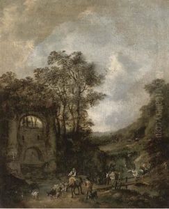 A River Landscape With Shepherds And Their Flock Crossing A Bridgeto A Fountain by Jan Wijnants