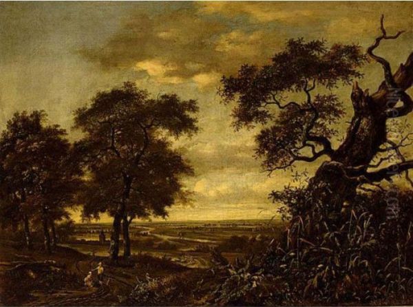 Travellers On A Path In An Extensive Wooded Landscape - view 1