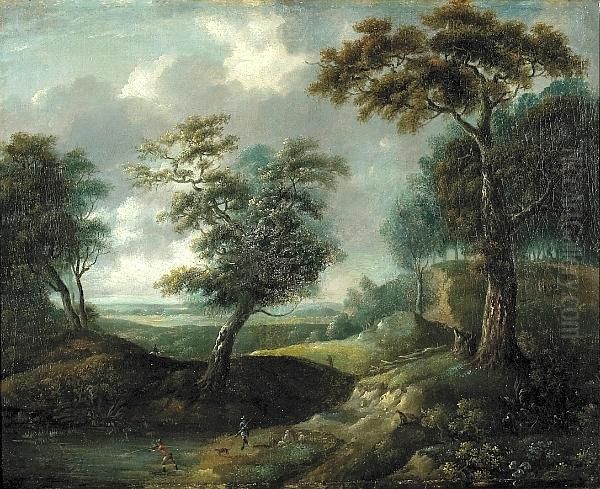 A Wooded Landscape With Huntsman At A Pond And Travellers Beyond - view 1