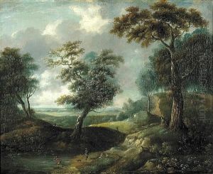 A Wooded Landscape With Huntsman At A Pond And Travellers Beyond by Jan Wijnants