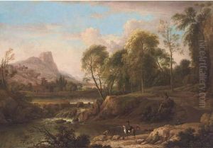 An Extensive Mountain Landscape 
With Horsemen On A Track Andbathers In A River, A Town Beyond