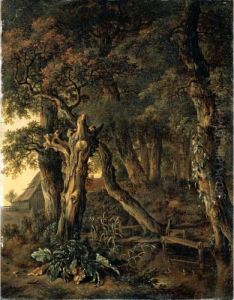 A Wooded Landscape With A Bridge Over A Stream And A Cottage Beyond by Jan Wijnants