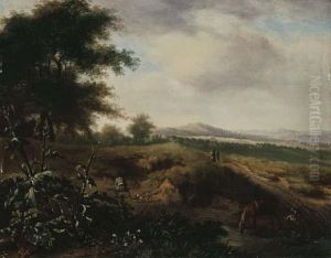 An Extensive Landscape With A Sportsman And His Dog At The Edge Ofa Wood