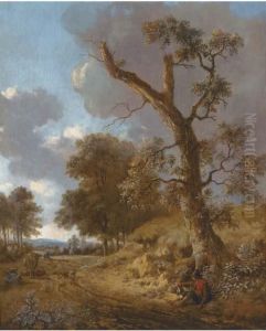 An Extensive Wooded Landscape
With A Herdsman Resting By A Tree Andhunters On A Path In The Distance by Jan Wijnants