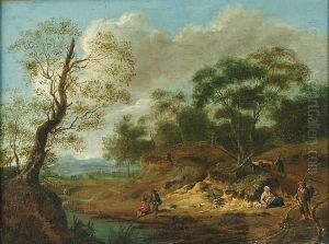 A River Landscape With Figures On The Bank, A Shepherd And His Flock On A Path Beyond A River Landscape With Figures On The Bank, A Shepherd And His Flock On A Path Beyond