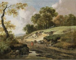 A Sunlit Dune Landscape With A Huntsman And His Dogs And Other Travellers On A Path