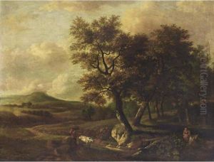 A Wooded Landscape With A Man
And His Cow Carrying Wood On A Path, Another Man Resting On A Tree Trunk
In The Lower Foreground by Jan Wijnants