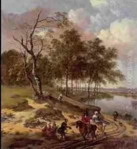 A River Landscape With Elegant Travellers And A Peasant Family On A Path by Jan Wijnants