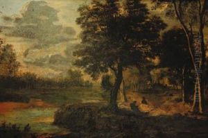 A Wooded Landscape With Travellers On A Track by Jan Wijnants
