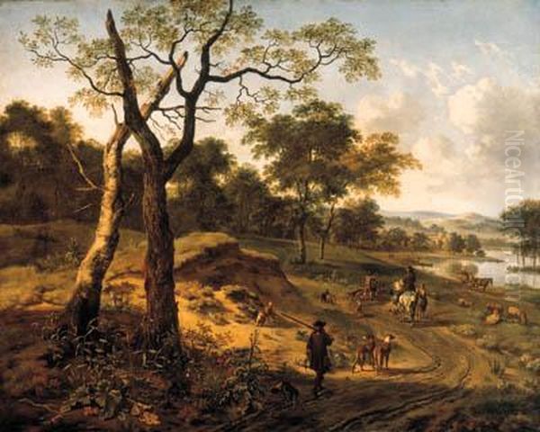 A Wooded Evening Landscape With A
Hunter And His Dogs, Anotherhunter On Horseback Conversing With A
Peasant, A Fishermen And Afalconer Carrying A Hoop Of Falcons On A Path,
A Wagon And Otherfigures By A Lake Beyond by Jan Wijnants