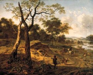 A Wooded Evening Landscape With A
 Hunter And His Dogs, Anotherhunter On Horseback Conversing With A 
Peasant, A Fishermen And Afalconer Carrying A Hoop Of Falcons On A Path,
 A Wagon And Otherfigures By A Lake Beyond