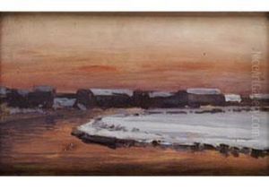 Winterlandschaft Mit Hausern Im Abendlicht