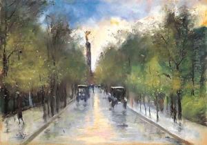 Strasse in Tiergarten mit Siegessaule by Lesser Ury