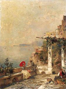 An Artist sketching on a Balcony, with Amalfi beyond