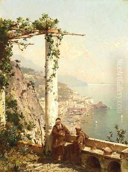 Monks on a terrace, with Amalfi beyond - view 1