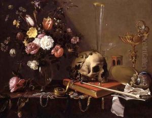 Vanitas Still-Life with a Bouquet and a Skull c. 1642 by Adriaen van Utrecht