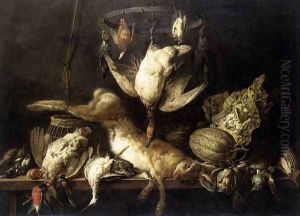 Still-Life with Hare and Birds on a Ring 1646-49 by Adriaen van Utrecht