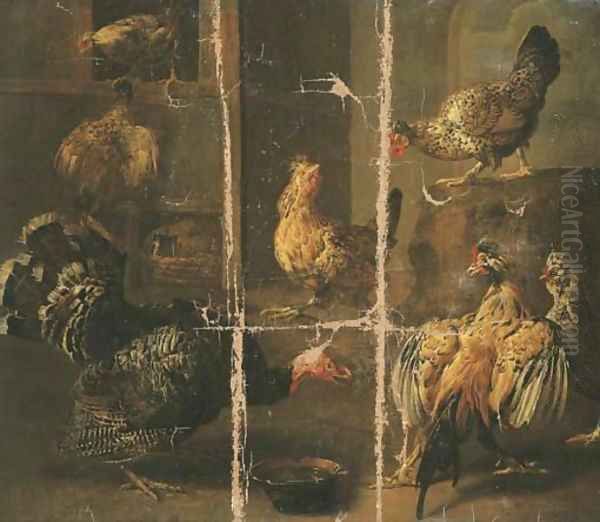 A turkey and chickens in a yard - view 1