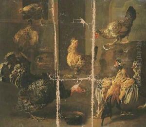 A turkey and chickens in a yard by Adriaen van Utrecht
