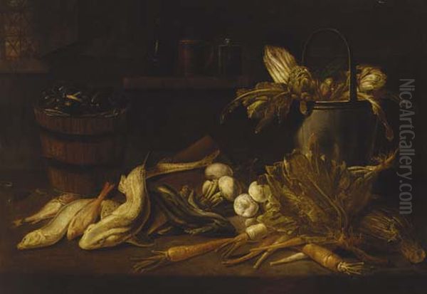 A barrel of mussels, a dogfish and other fish with turnips, carrots, a cabbage and a bucket with artichokes and asparagus on a ledge - view 1