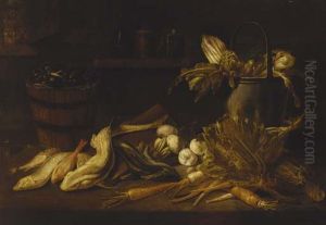 A barrel of mussels, a dogfish and other fish with turnips, carrots, a cabbage and a bucket with artichokes and asparagus on a ledge