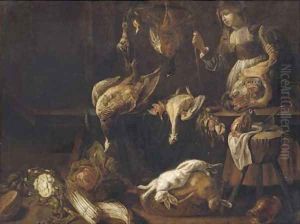 An interior with a kitchen maid, dead game birds hanging, two dead hares in a basket and asparagus, cabbage, cauliflower and melons on the floor by Adriaen van Utrecht