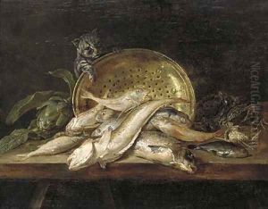 Fish, crabs, mussels, an artichoke, a copper pot and a cat on a table by Adriaen van Utrecht