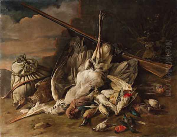 A dead heron, a duck, kingfishers, songbirds and other birds with a bag by a wall, in a landscape - view 1