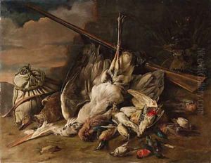 A dead heron, a duck, kingfishers, songbirds and other birds with a bag by a wall, in a landscape by Adriaen van Utrecht