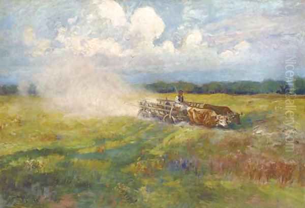 An oxen-drawn cart crossing a field in summer - view 1