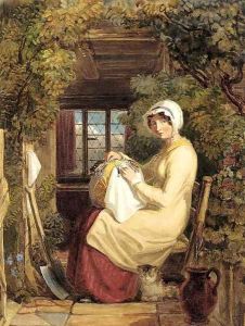 A woman seated in a doorway making lace with a cat at her feet by Thomas Uwins